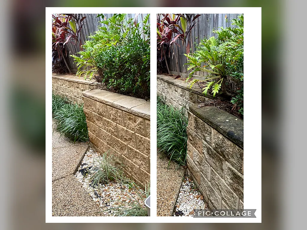 Retaining wall before and after pressure cleaning