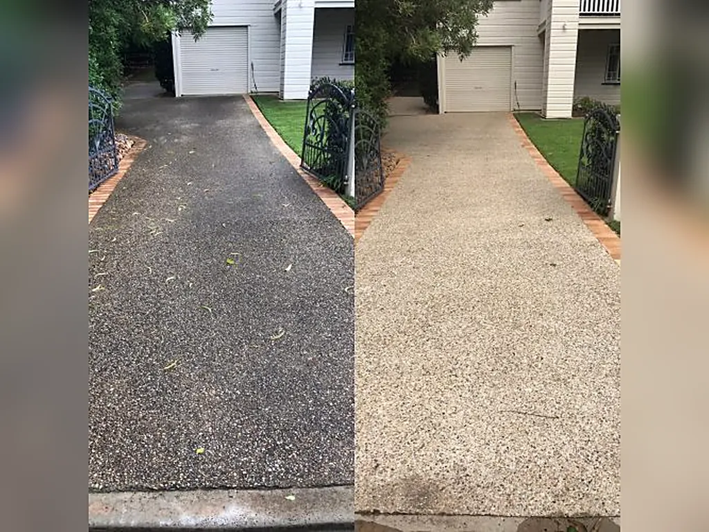 Exposed aggregate driveway before and after sealing