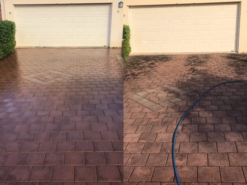 Freshly cleaned and sealed concrete driveway