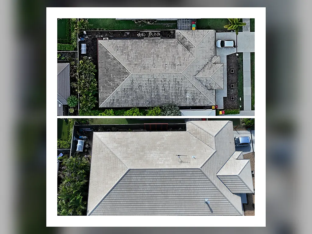 Aerial view of a tiled roof before and after professional cleaning