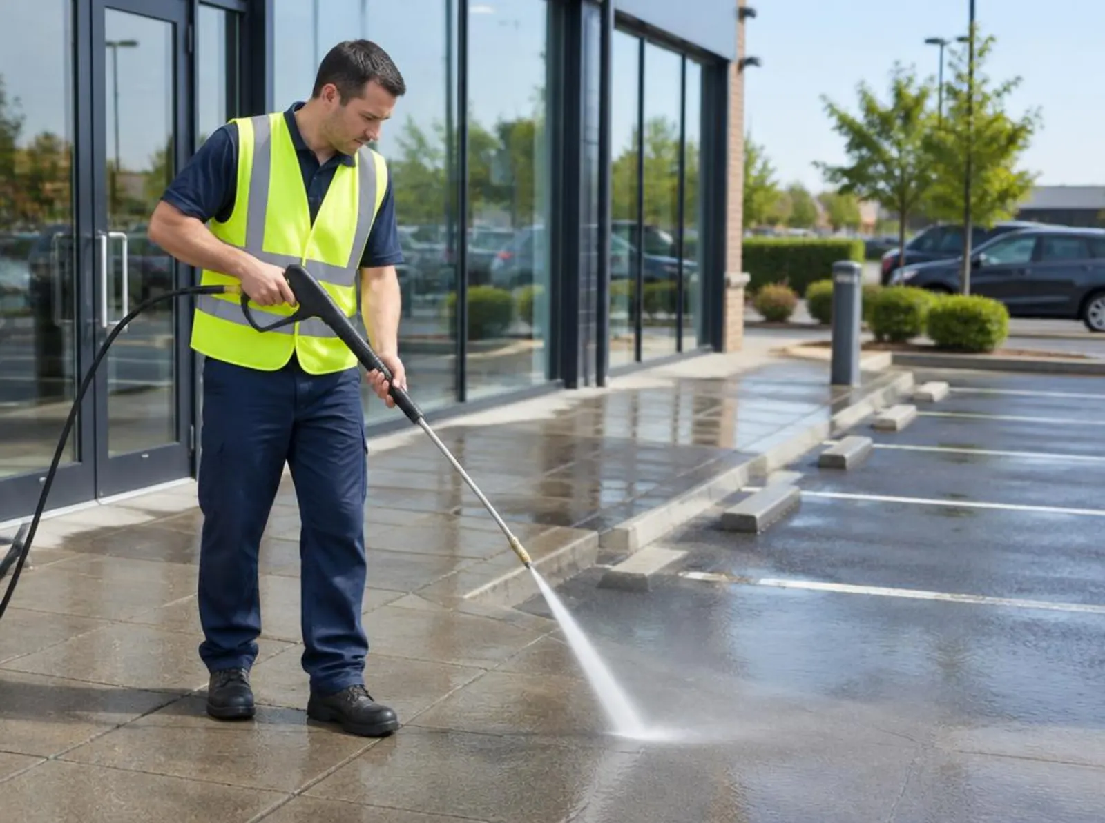 Commercial building exterior and car park being pressure cleaned in Brisbane