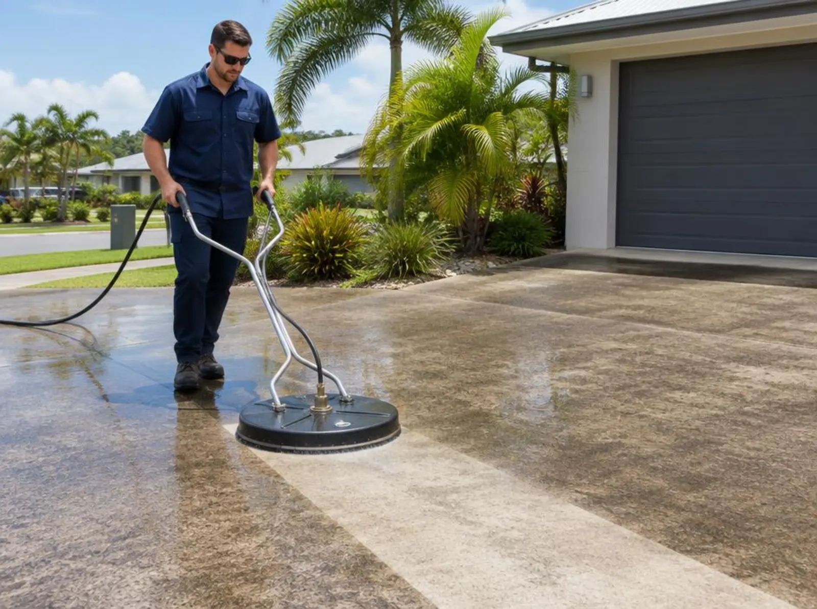 Pressure cleaning a concrete path and patio, concrete cleaning in Gold Coast