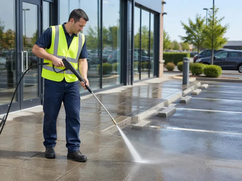 Commercial car park and shopfront area being pressure cleaned