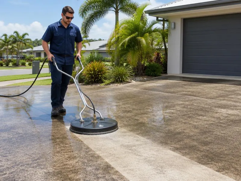 Concrete path and pavers being high pressure cleaned