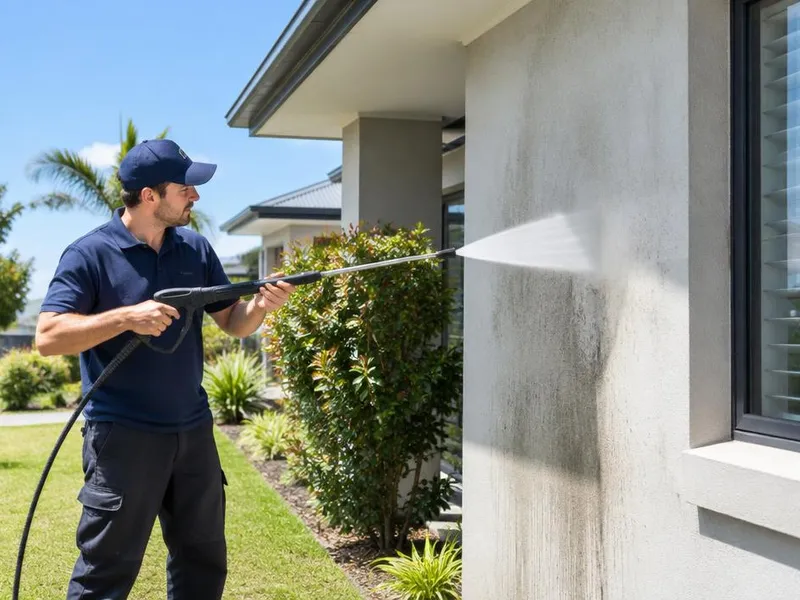 House washing in progress on the painted exterior of a Brisbane home