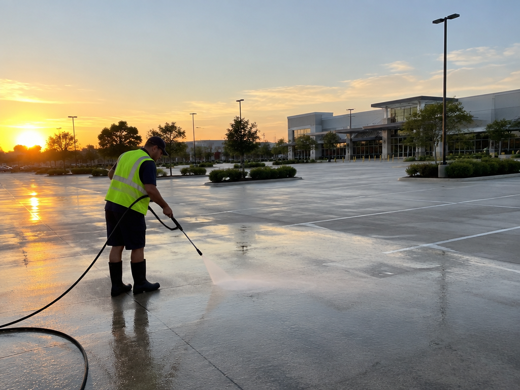 Pressure washing a shopping centre car park at dawn