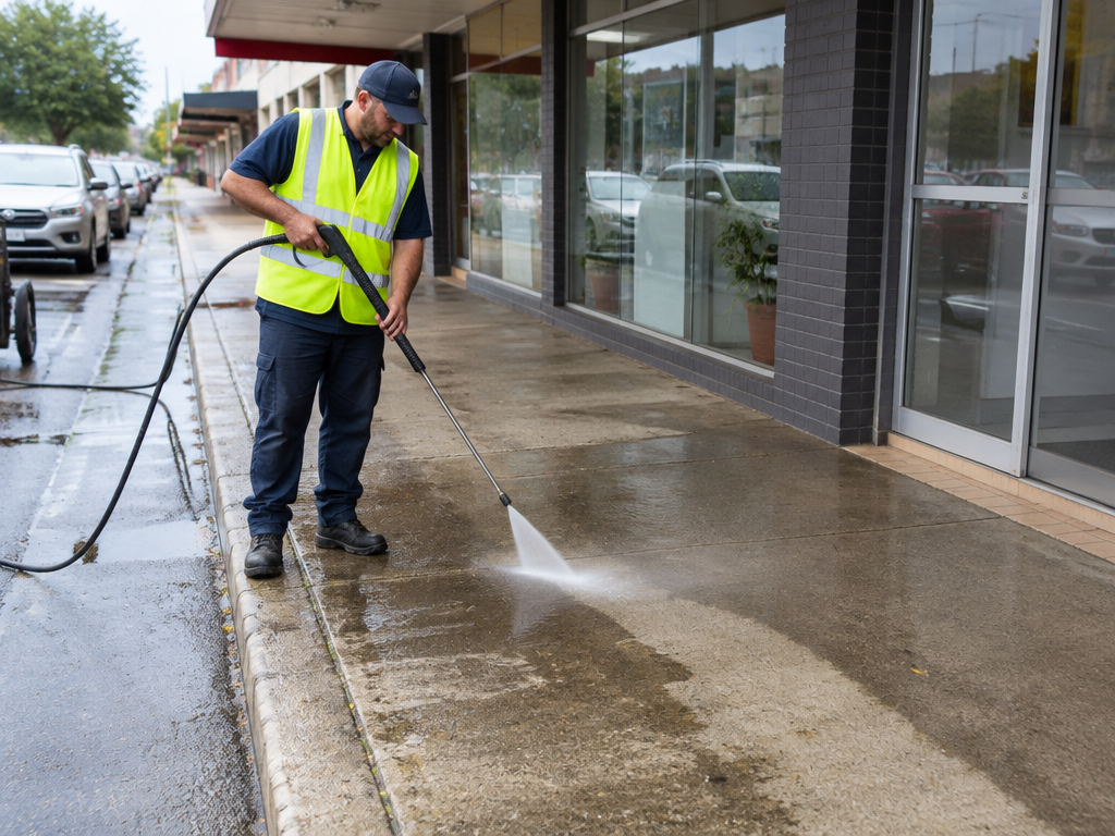 Pressure cleaning a concrete path and patio, concrete cleaning in Logan
