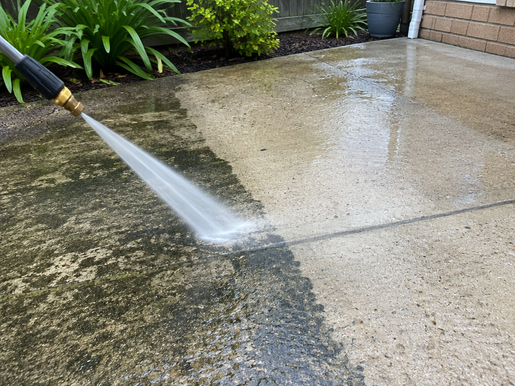 Pressure cleaning a concrete path and patio, concrete cleaning in Ipswich