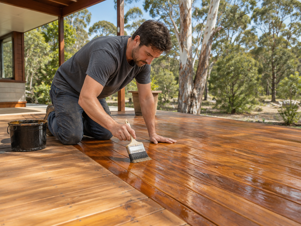 Oiling a clean hardwood deck, timber deck oiling in Logan