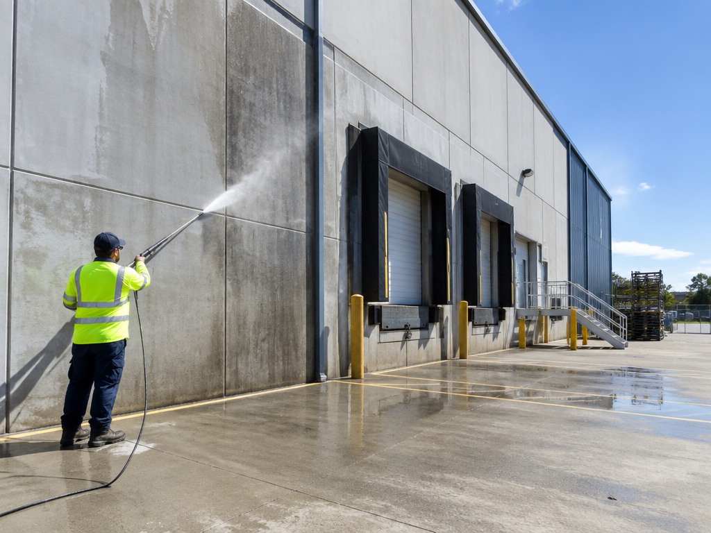 Pressure washing a factory exterior wall and loading dock