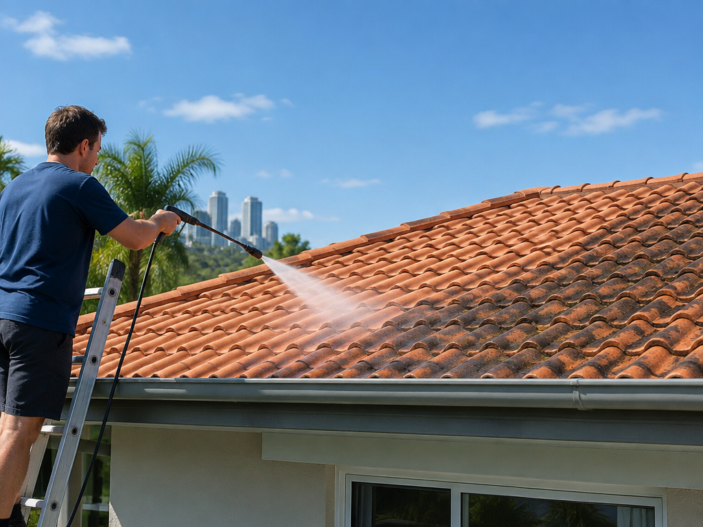 Cleaning moss and lichen from a tiled roof, roof cleaning in Logan