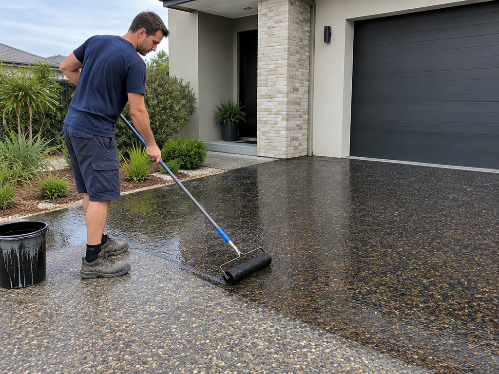 Applying sealer to clean concrete, concrete sealing in Logan