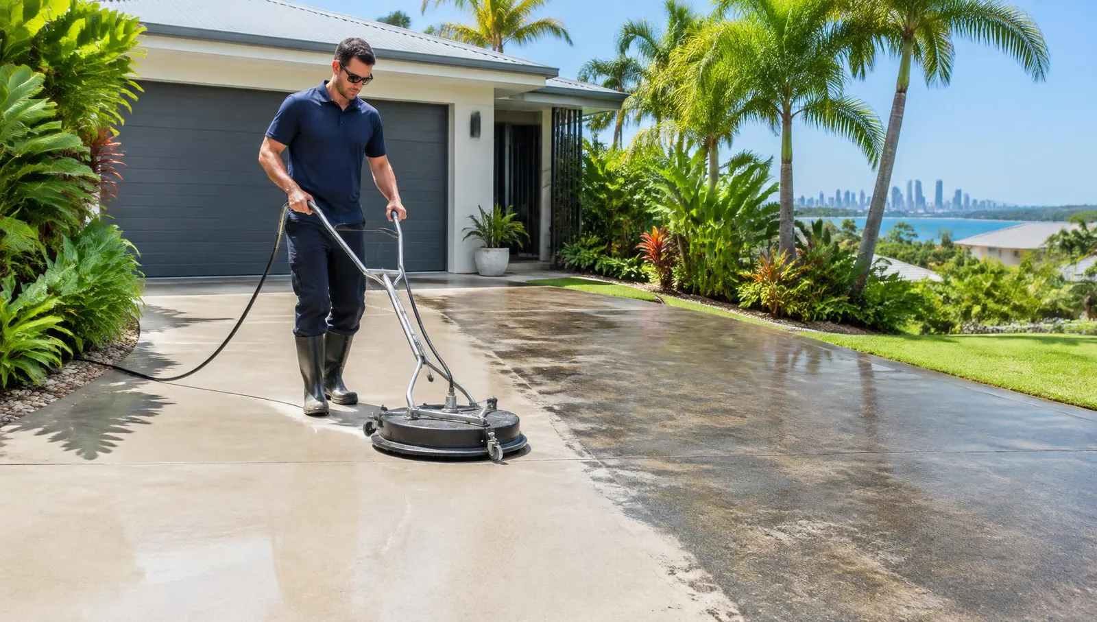 Waterworx technician pressure cleaning a concrete driveway with a rotary surface cleaner