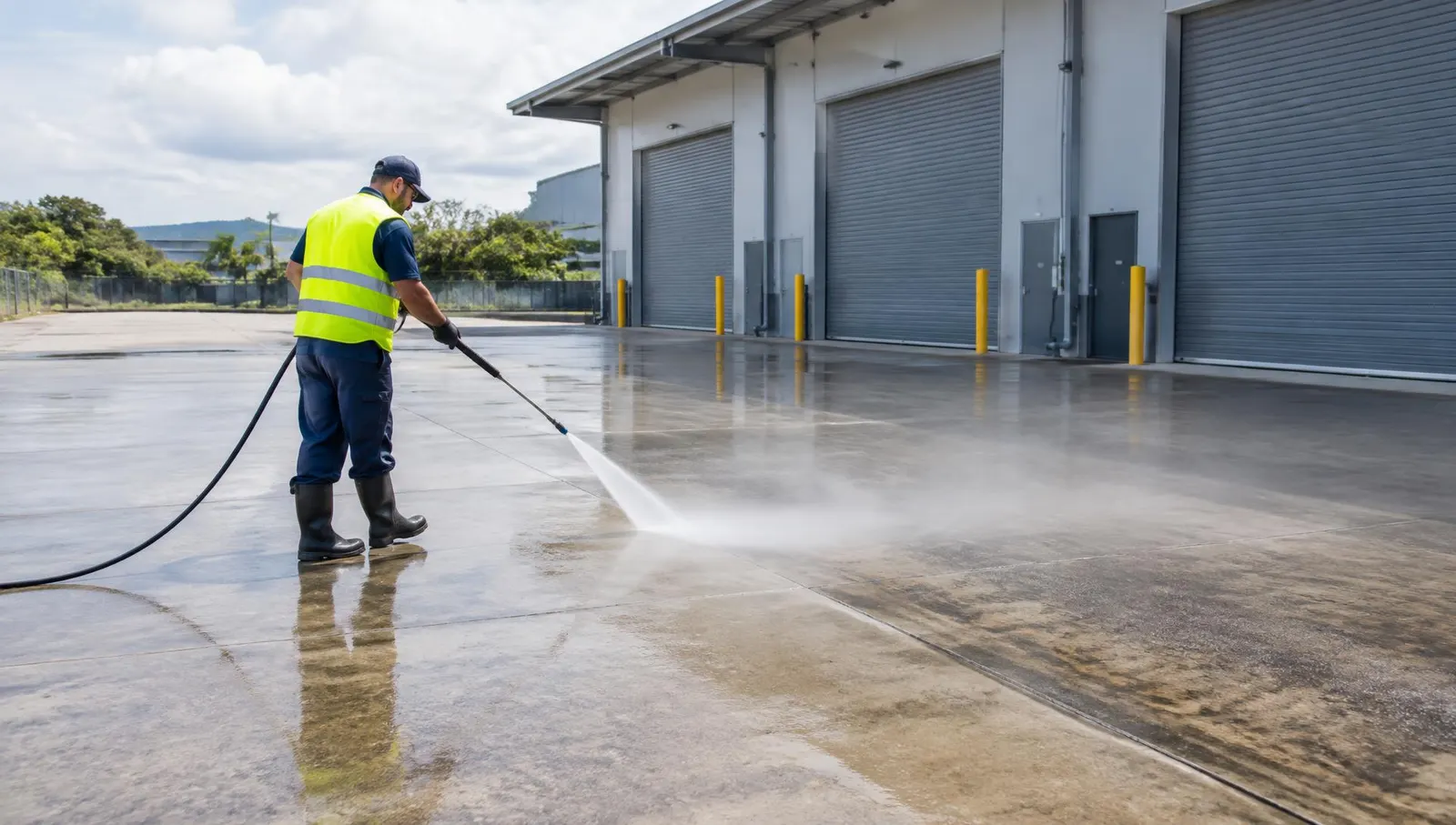 Worker in high-vis pressure cleaning a concrete hardstand outside an industrial warehouse