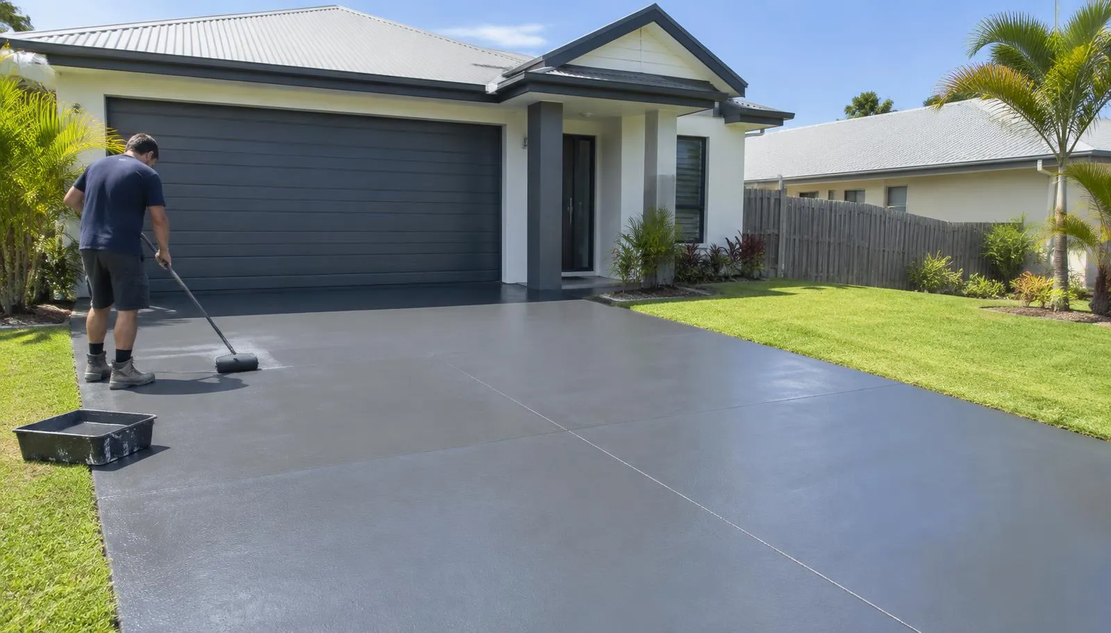 Rolling paint onto a cleaned concrete surface, concrete painting in Gold Coast