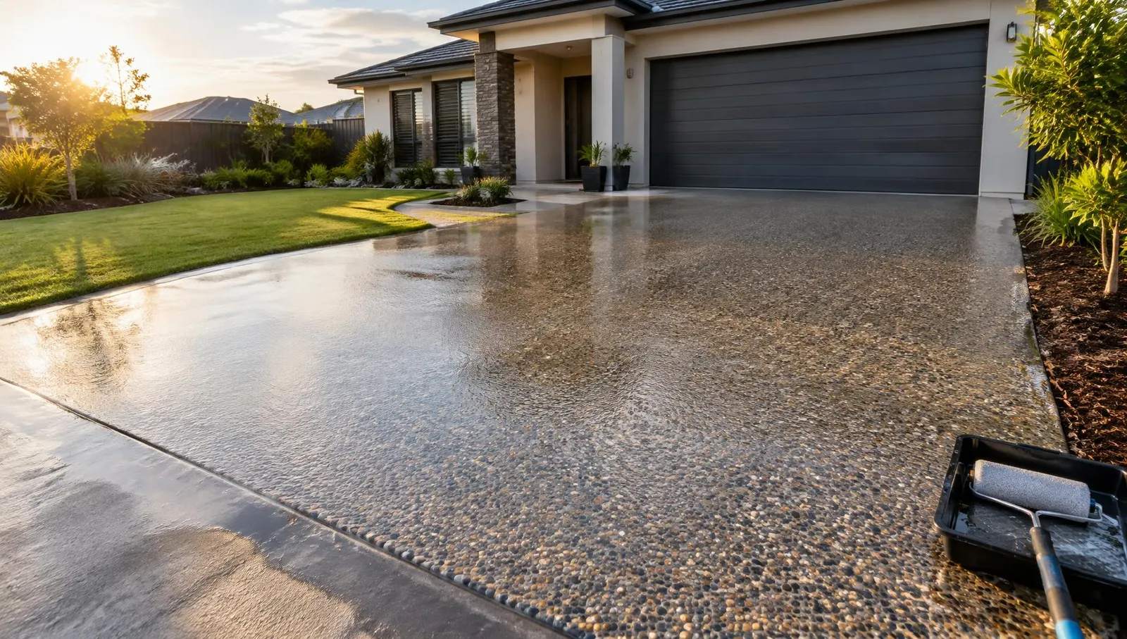 Applying sealer to clean concrete, concrete sealing in Gold Coast