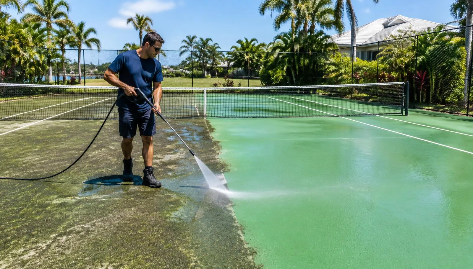 Pressure cleaning mould off a tennis court, tennis court cleaning in Gold Coast